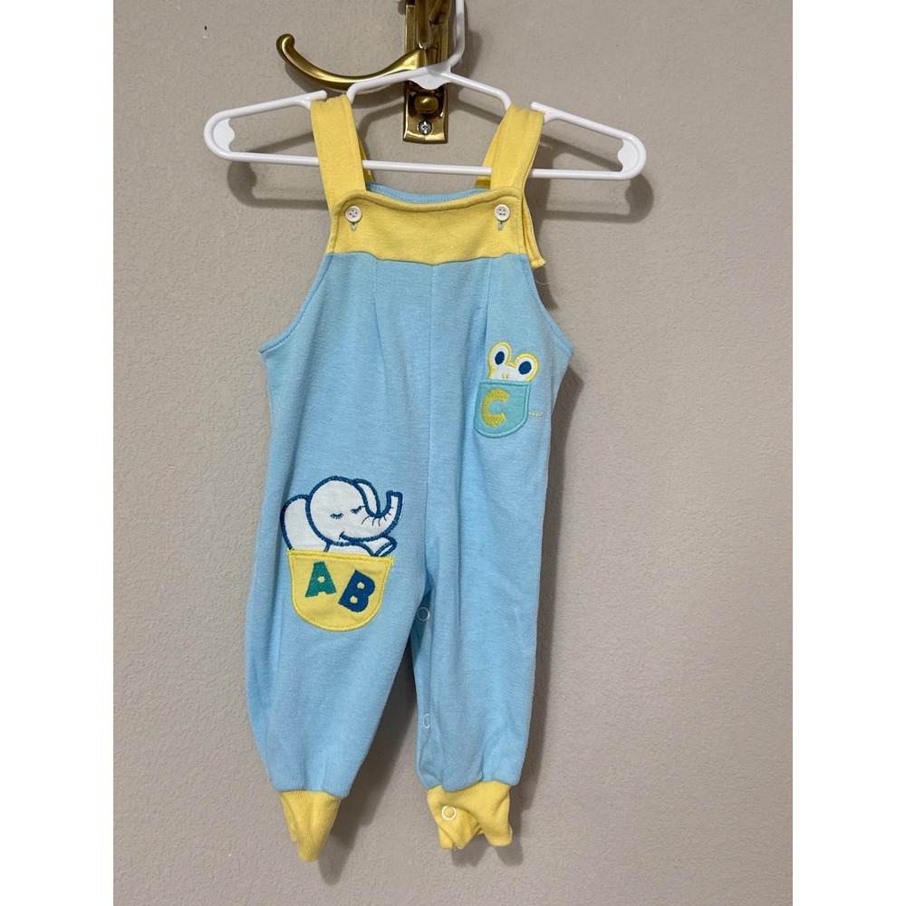 Buster Brown Romper Baby 6-9M Blue Yellow Vintage Sleeveless One Piece Applique